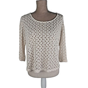 UO Staring At Stars Womens Cropped Top Crochet M Lace Cream 3/4 Sleeve Ivory
